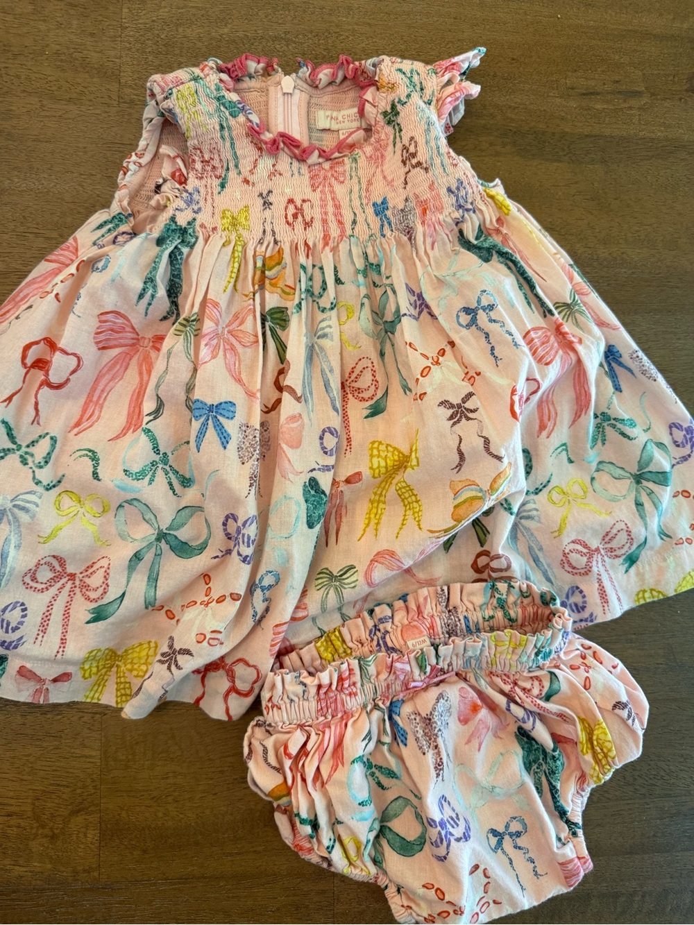 Pink Chicken Pink Bow Print Smocked Baby Dress with Bloomers